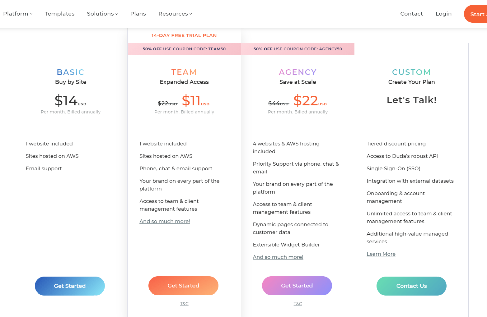 Pricing Plans -Simvoly vs Duda