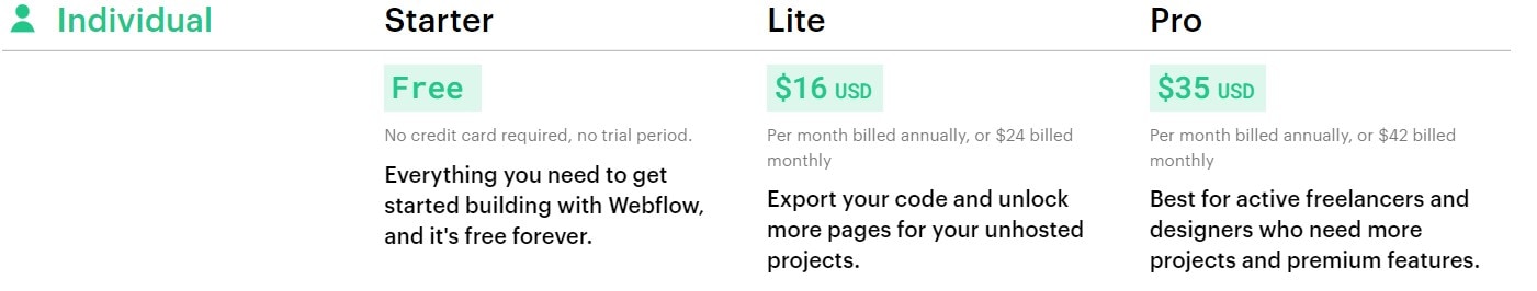 Individual account plans webflow